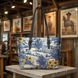 Westavelle Toile Sunflower Prairie Leather Tote Bag