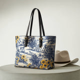 Westavelle Toile Sunflower Prairie Leather Tote Bag